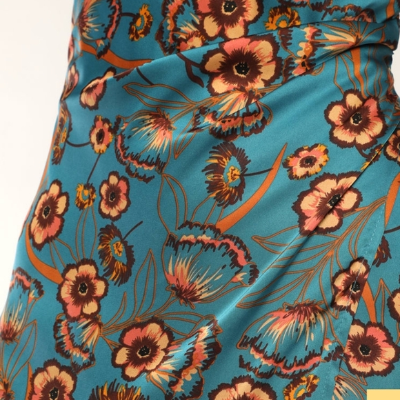 Lulus Hollywood Woman Teal Floral Print Satin Midi Dress - Picture 4 of 7